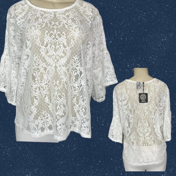 Bobeau L White Crew Neckline Sheer Lace Relaxed Fit 3/4 Bell Sleeve Blouse - Picture 1 of 6